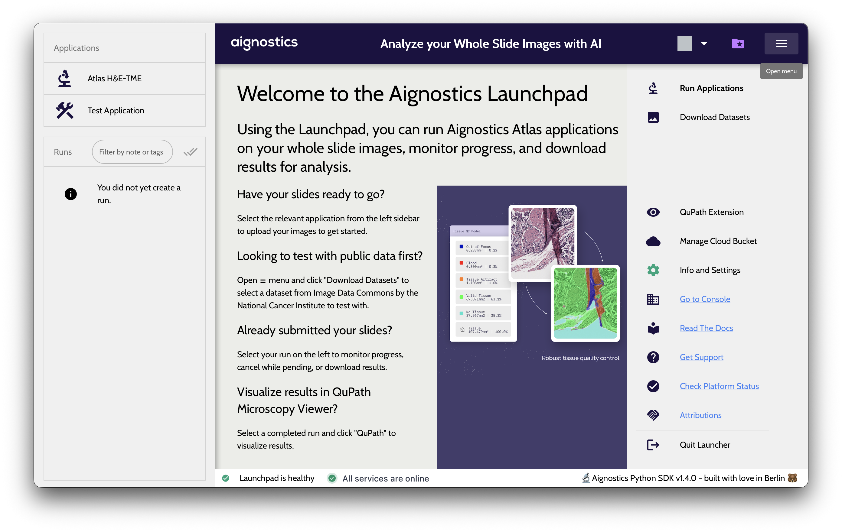 The open menu showing Download Datasets and Run Applications